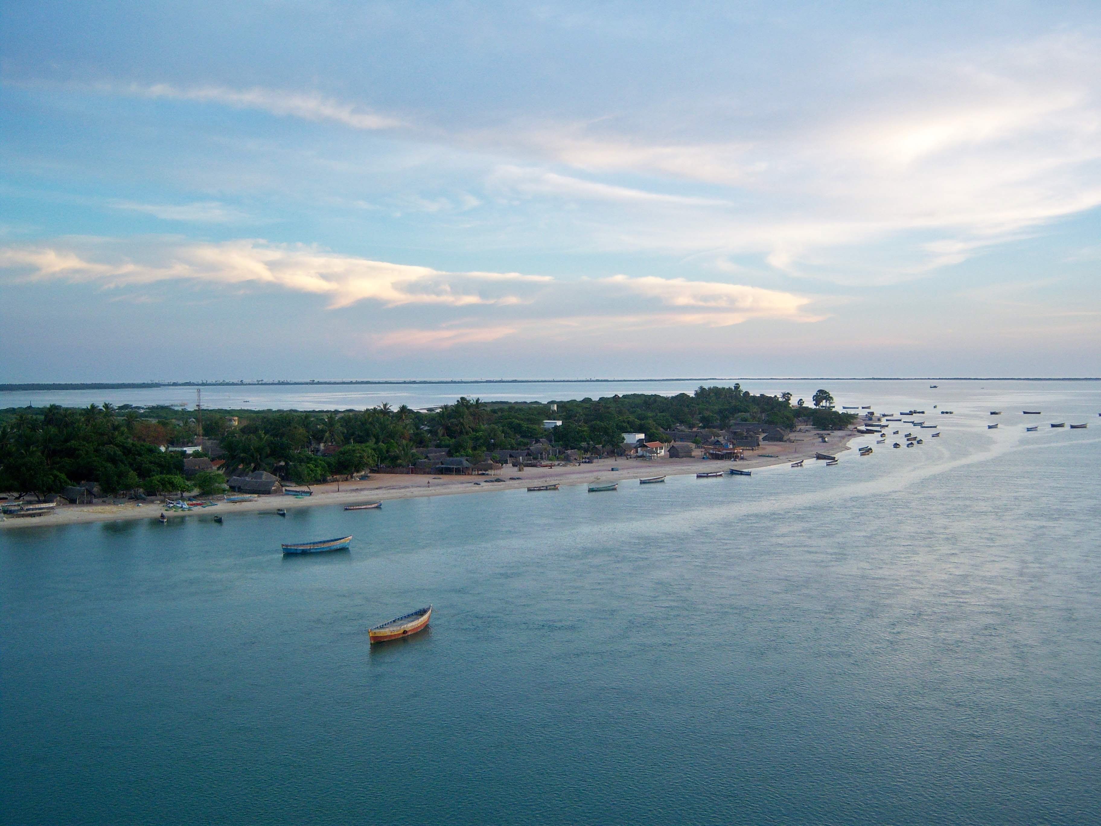 Aerial view of the Rameswaram island from Pamban Bridge in Tamil Nadu, India