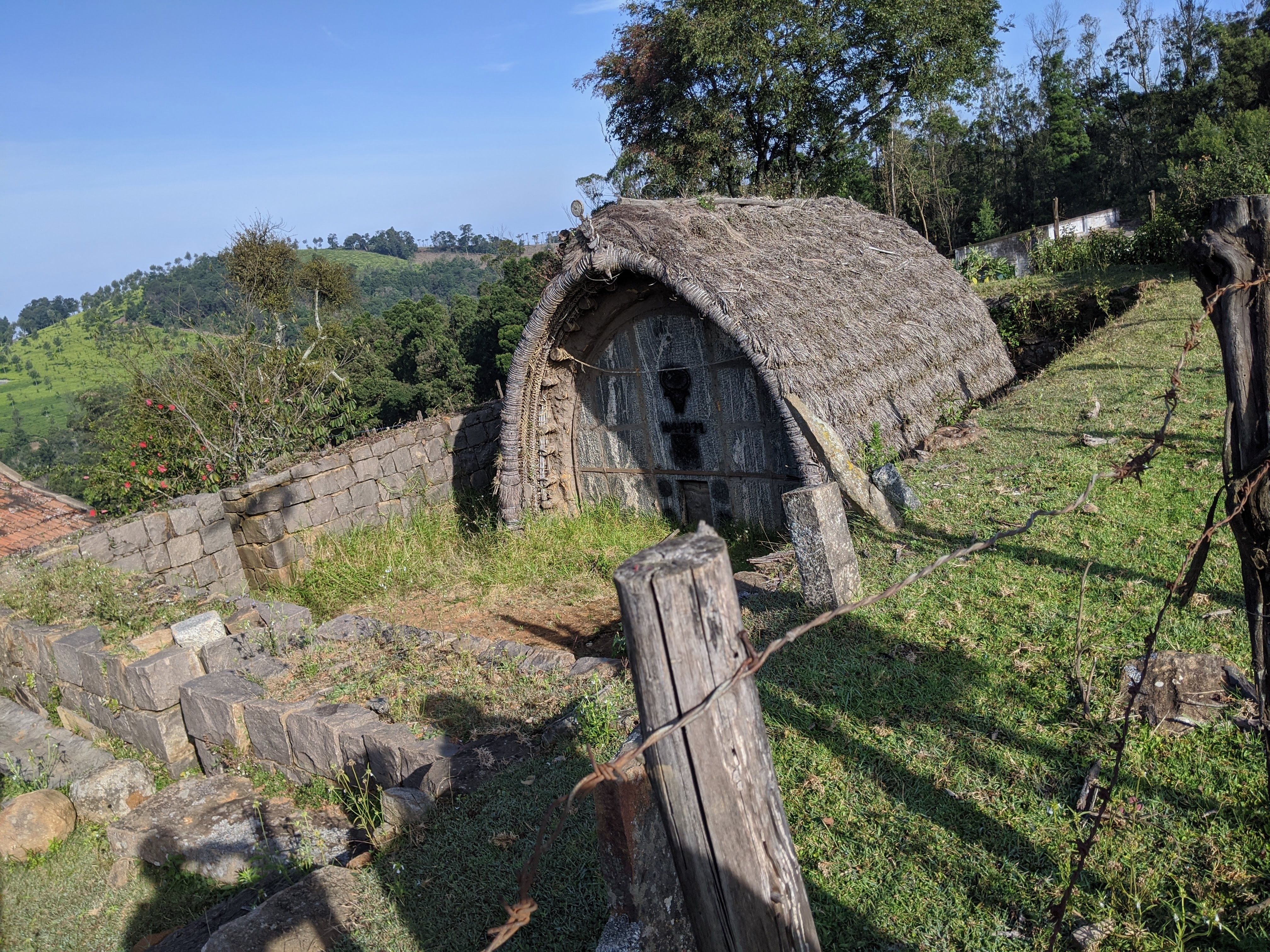 An oval, pent-shaped hut built by the Toda people of the Nilgiri Hills in India